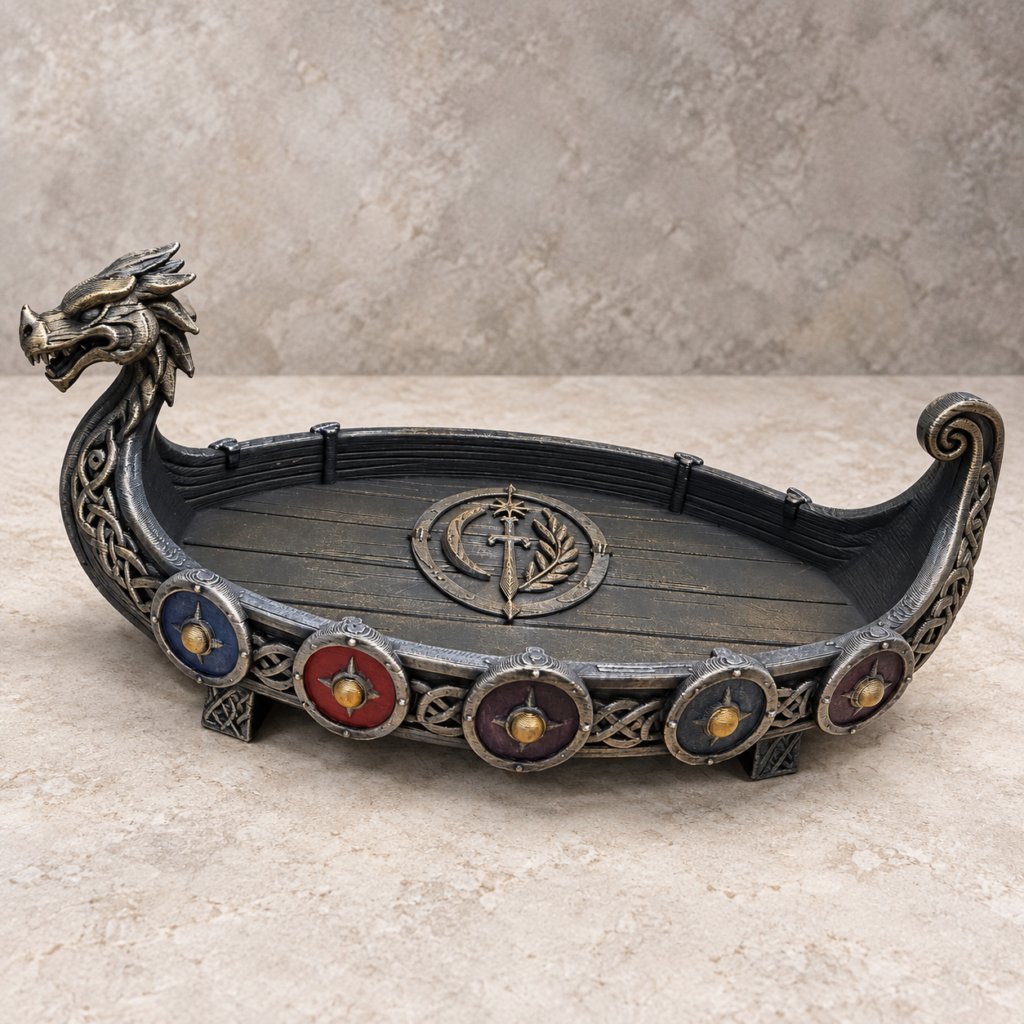 Bandeja Drakkar de CAELVAR con proa de dragón y escudos de inspiración nórdica