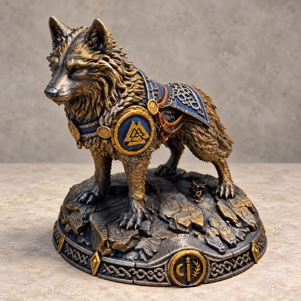 Figura de Fenrir de CAELVAR con detalles dorados y azules sobre una base ornamentada